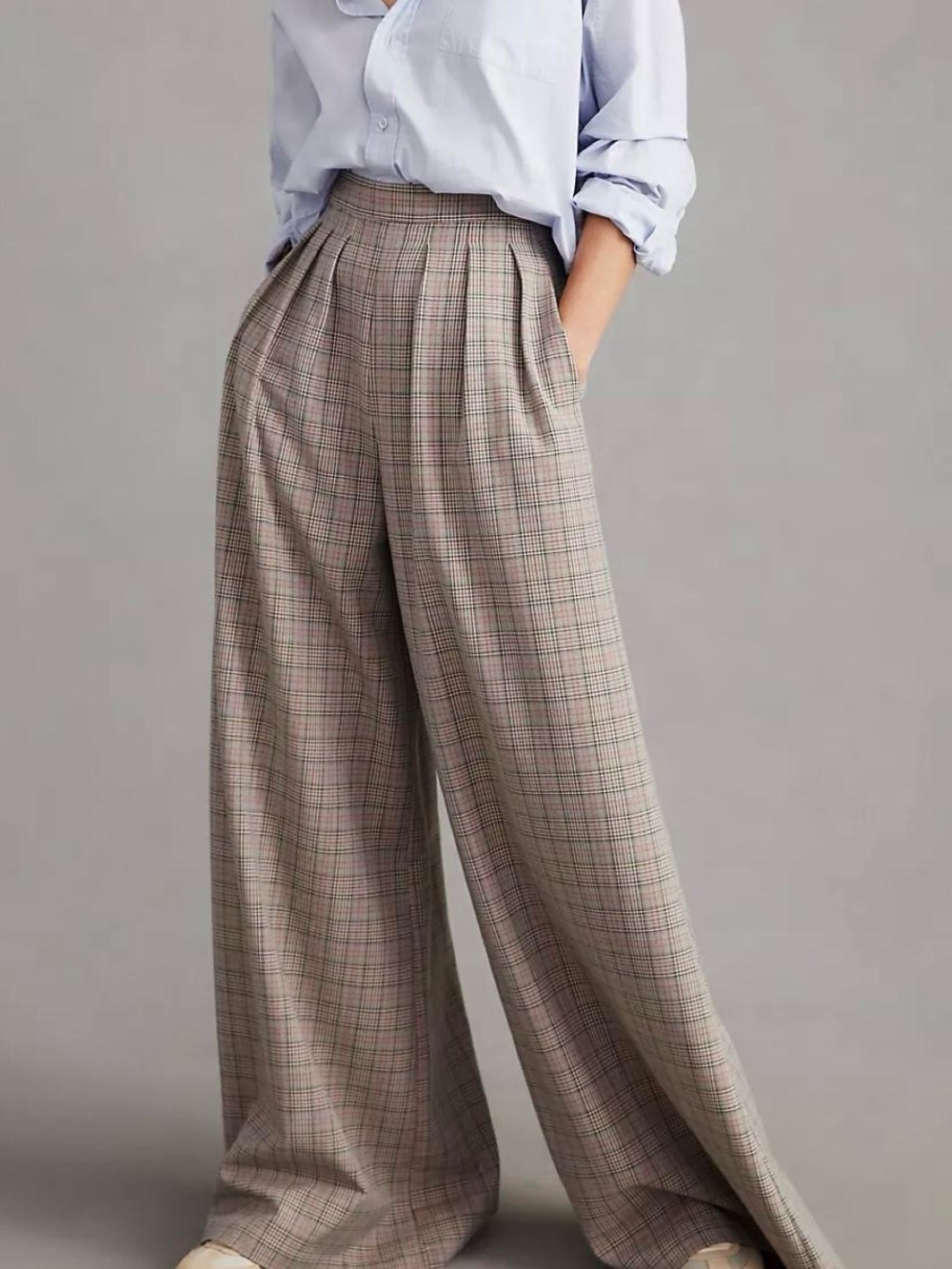 Corey Lynn Calter Pleated Wide Leg Plaid Trousers